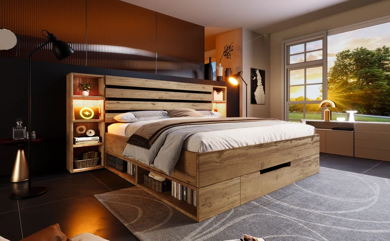 Lit double en bois massif chêne avec éclairage LED étagères et tiroirs rangement prise USB C 160×200cm (sans matelas) IESSAES QUEEN