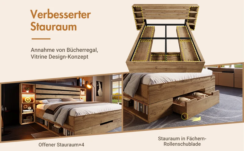 Lit double en bois massif chêne avec éclairage LED étagères et tiroirs rangement prise USB C 160×200cm (sans matelas) IESSAES QUEEN