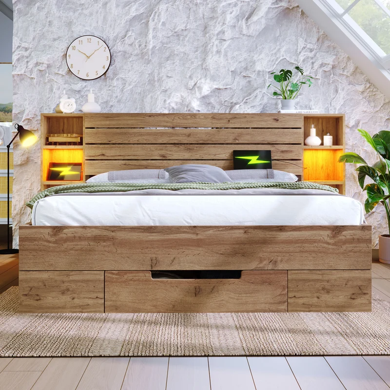 Lit double en bois massif chêne avec éclairage LED étagères et tiroirs rangement prise USB C 160×200cm (sans matelas) IESSAES QUEEN
