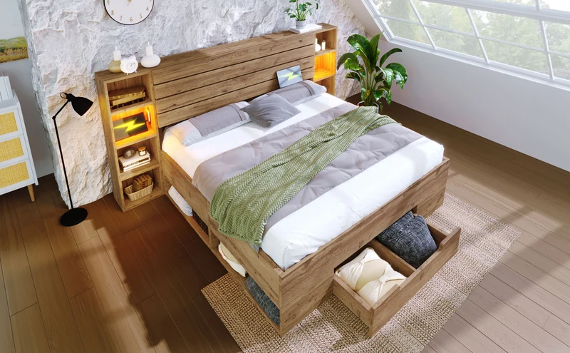 Lit double en bois massif chêne avec éclairage LED étagères et tiroirs rangement prise USB C 160×200cm (sans matelas) IESSAES QUEEN