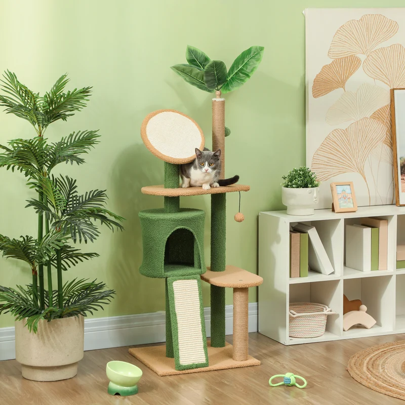 Mouching Arbre à chat 139 cm vert avec maisonnette, griffoirs sisal, pour chats jusqu'à 5 kg