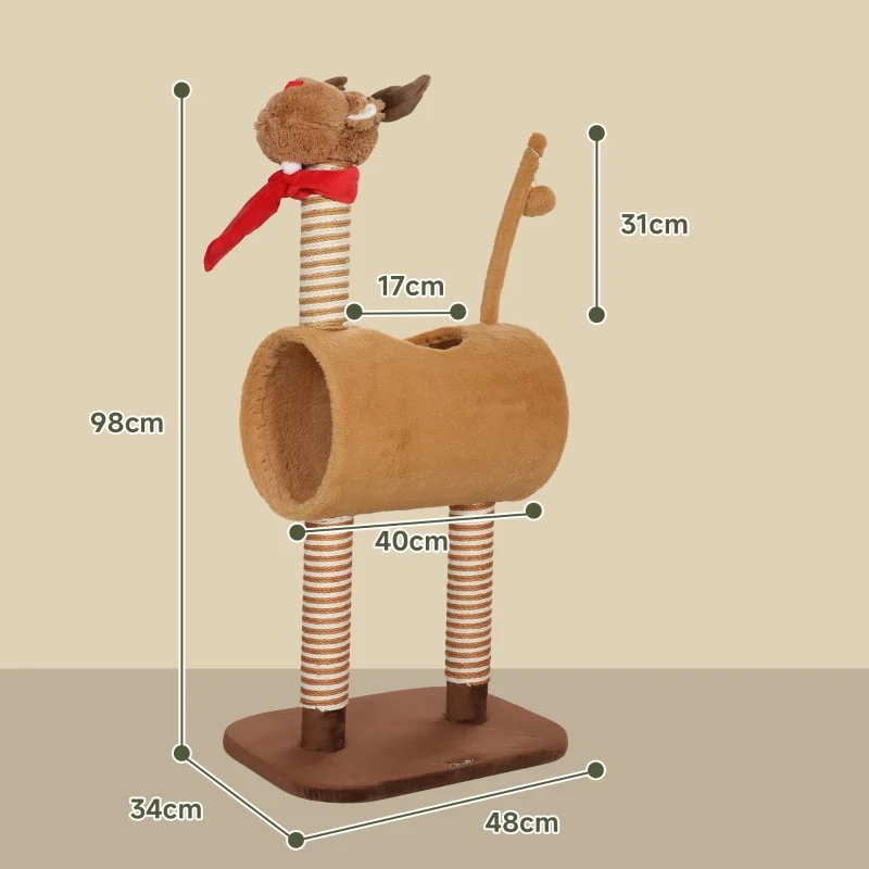 Unclify Arbre à chat 98 cm marron – Tour design cerf, griffoir, tunnel, balle, polyester