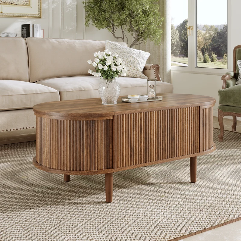 Table basse ovale rélevable effet noyer vintage 2 portes 100x48cm FLAREARAA