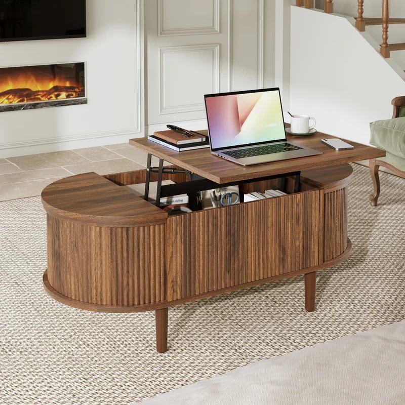 Table basse ovale rélevable effet noyer vintage 2 portes 100x48cm FLAREARAA