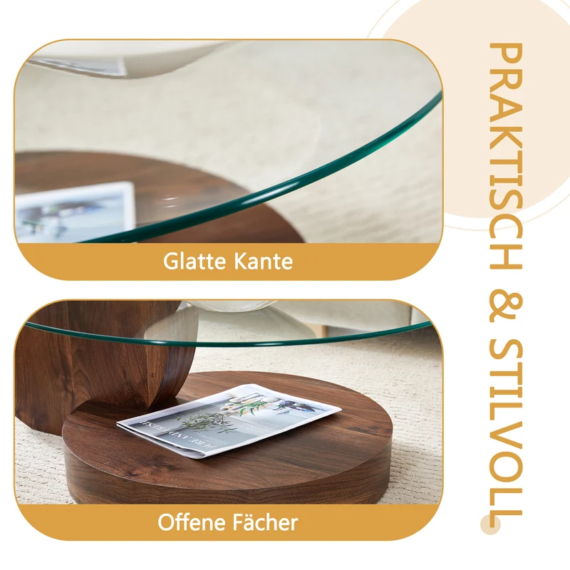 Table basse minimaliste effet noyer 2 verres trempés 90x70x44cm QUANTALAL