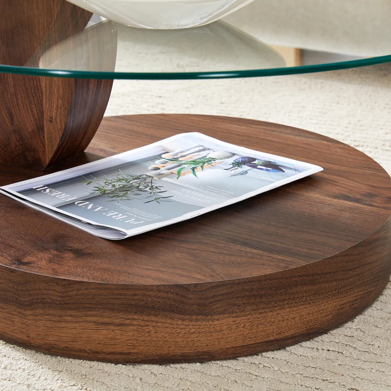Table basse minimaliste effet noyer 2 verres trempés 90x70x44cm QUANTALAL