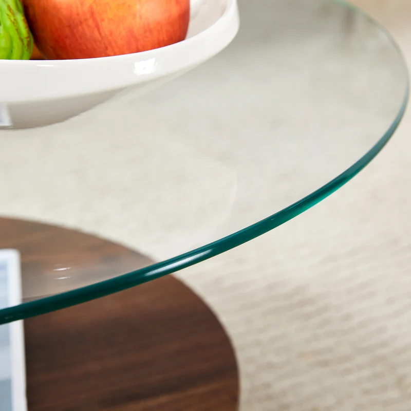 Table basse minimaliste effet noyer 2 verres trempés 90x70x44cm QUANTALAL