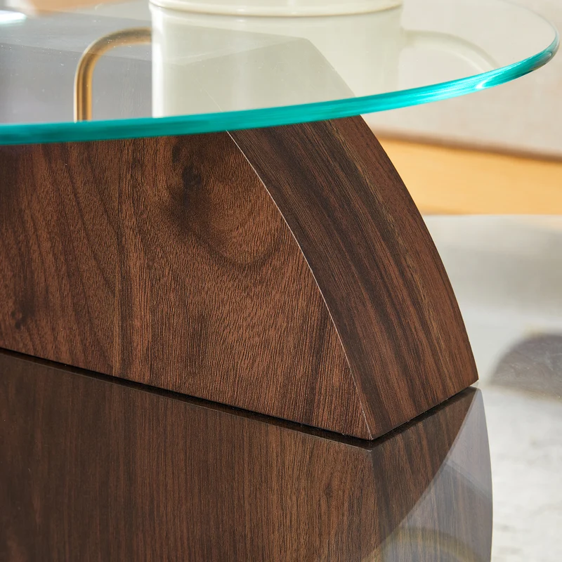 Table basse minimaliste effet noyer 2 verres trempés 90x70x44cm QUANTALAL