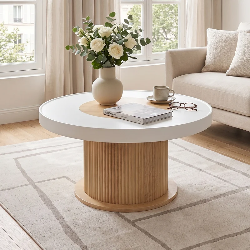 Table basse ronde bicolore blanc effet bois, pied cylindrique à rainures verticales 75x75x39cm MODERNFRAMEART