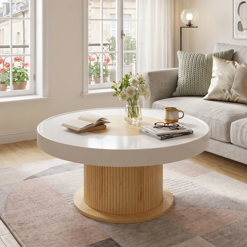 Table basse ronde bicolore blanc effet bois, pied cylindrique à rainures verticales 75x75x39cm MODERNFRAMEART