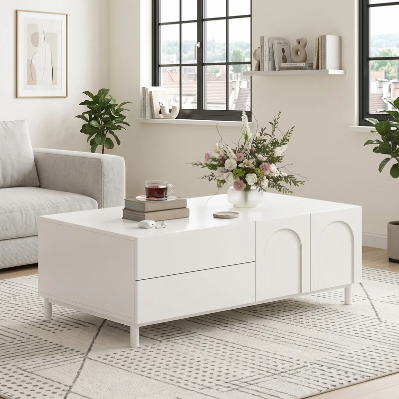 Table basse blanche rectangulaire motif arc 2 tiroirs et 2 portes 100x50cm MODERNDESKSET
