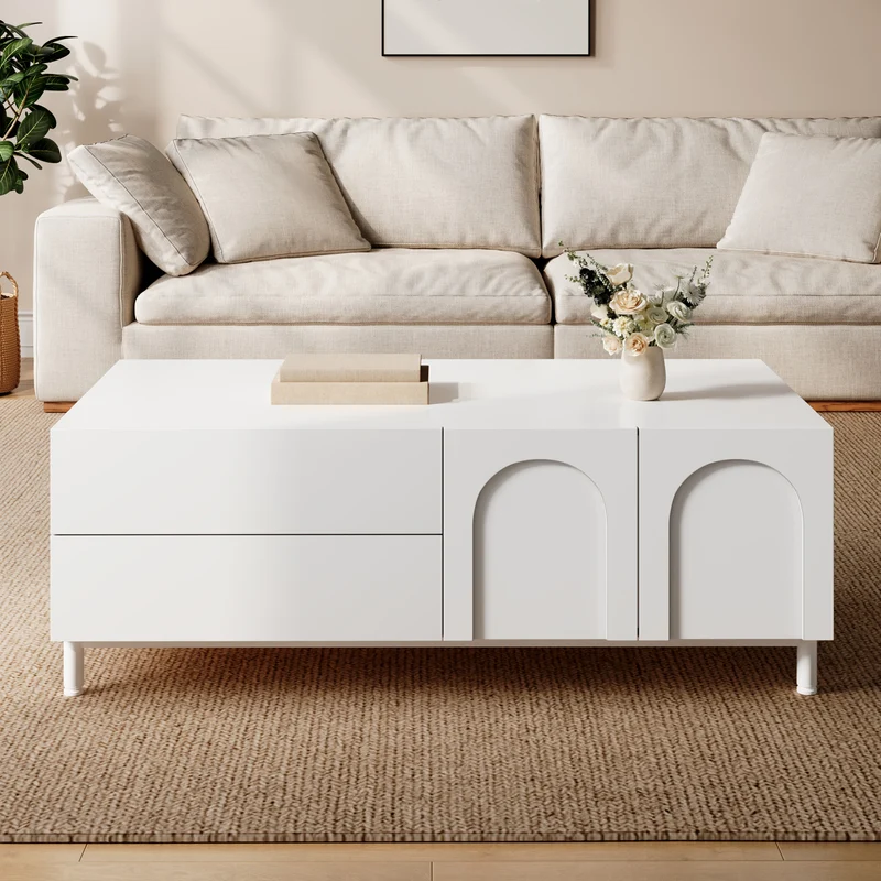Table basse blanche rectangulaire motif arc 2 tiroirs et 2 portes 100x50cm MODERNDESKSET