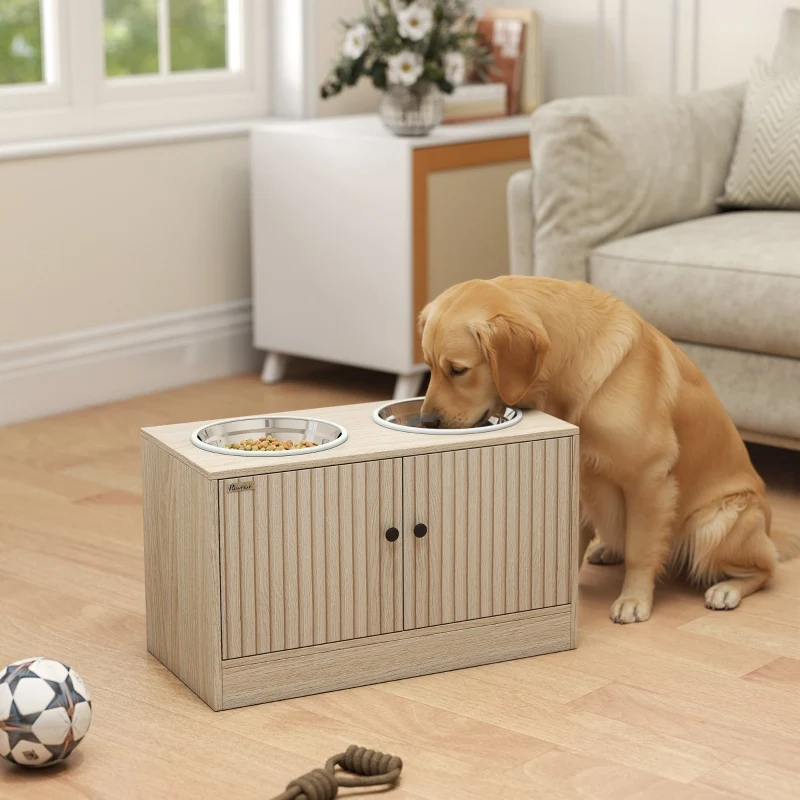 Capering Station d'alimentation pour grands chiens 60x30x35,5 cm – Bois chêne, 2 gamelles inox, rangement intégré