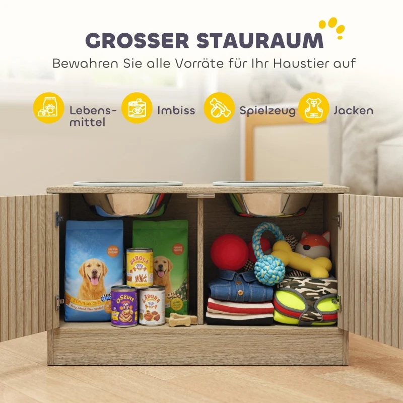 Capering Station d'alimentation pour grands chiens 60x30x35,5 cm – Bois chêne, 2 gamelles inox, rangement intégré
