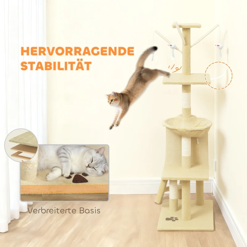Visitandine Arbre à chat 134 cm Beige avec griffoirs sisal, grande plateforme, jouets, niche, pour chats <5kg