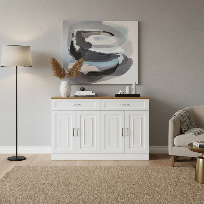 Buffet effet bois et blanc 4 portes et 2 tiroirs 120*35cm OPALPHYT