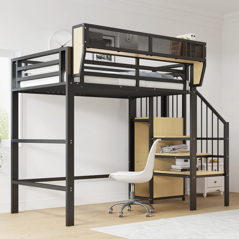 Lit mezzanine métal noir avec étagères, penderie et escalier 90*200 ZADUL