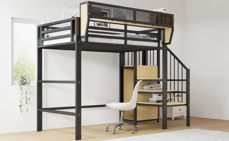 Lit mezzanine métal noir avec étagères, penderie et escalier 90*200 ZADUL