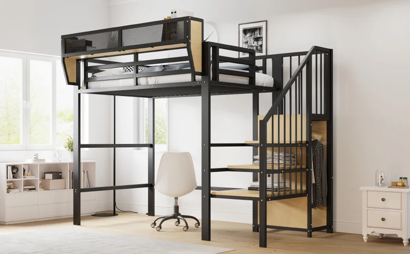 Lit mezzanine métal noir avec étagères, penderie et escalier 90*200 ZADUL