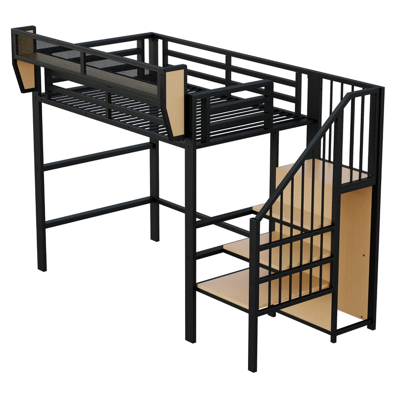 Lit mezzanine métal noir avec étagères, penderie et escalier 90*200 ZADUL