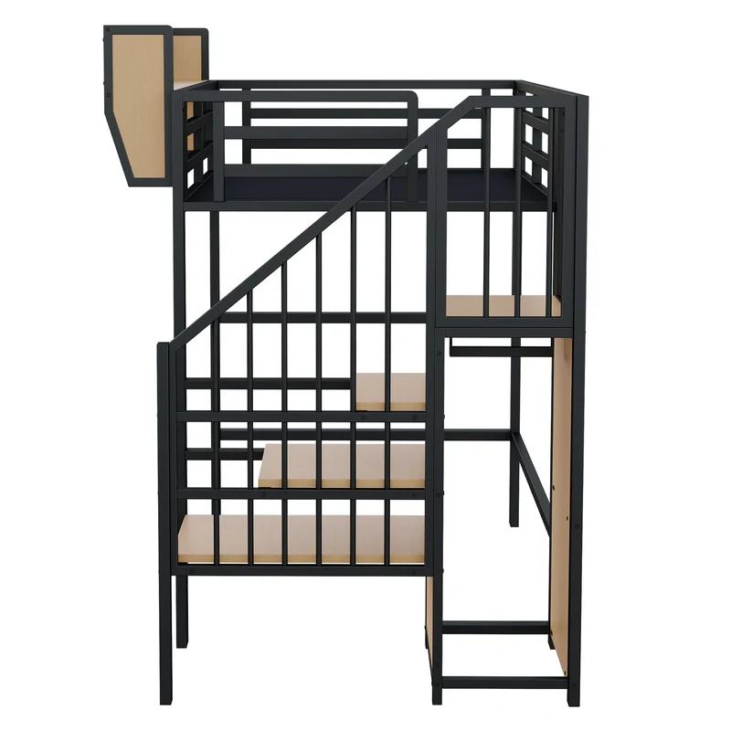 Lit mezzanine métal noir avec étagères, penderie et escalier 90*200 ZADUL