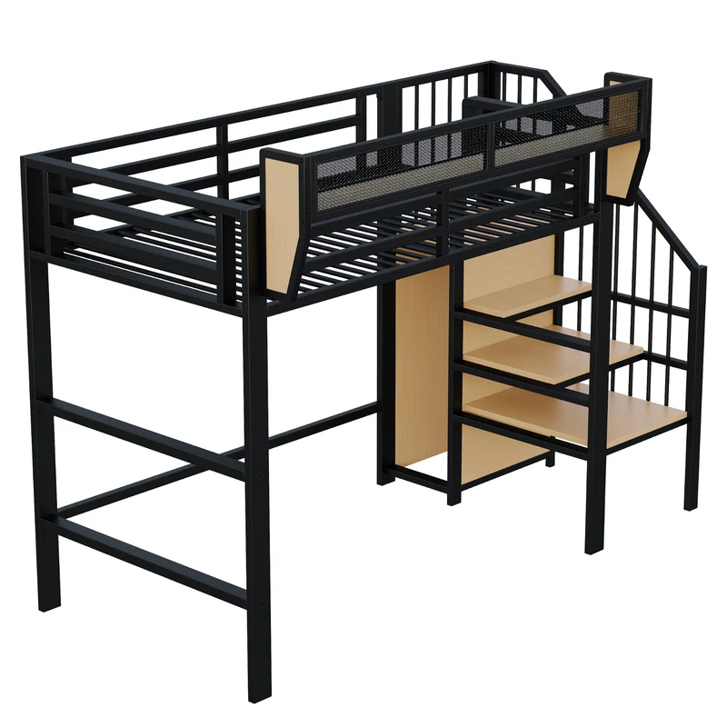 Lit mezzanine métal noir avec étagères, penderie et escalier 90*200 ZADUL