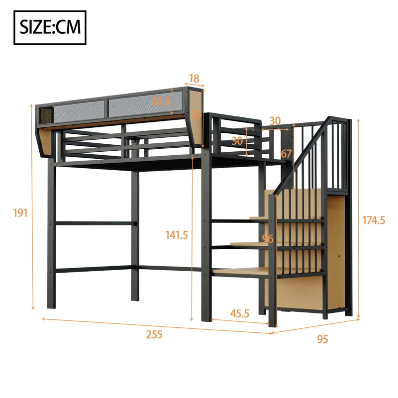 Lit mezzanine métal noir avec étagères, penderie et escalier 90*200 ZADUL
