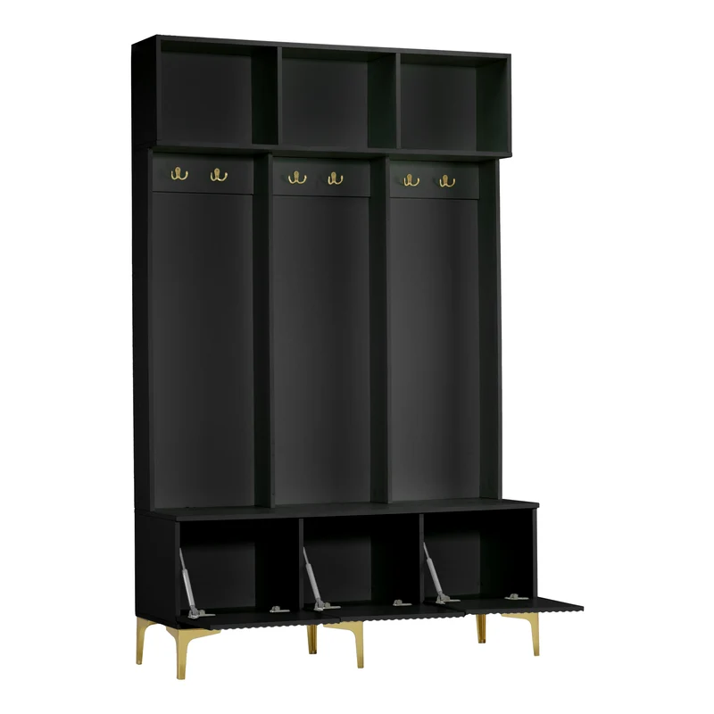 Vestiaire d'entrée noir 6 crochets dorés 3 portes et niches 120x40x191 cm ALUMINUMSTOOL