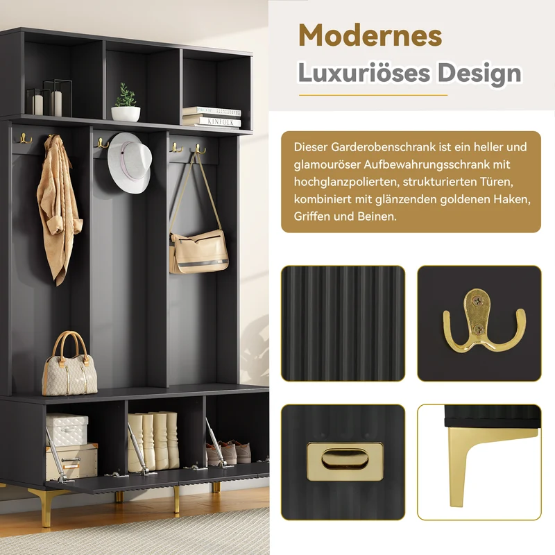 Vestiaire d'entrée noir 6 crochets dorés 3 portes et niches 120x40x191 cm ALUMINUMSTOOL