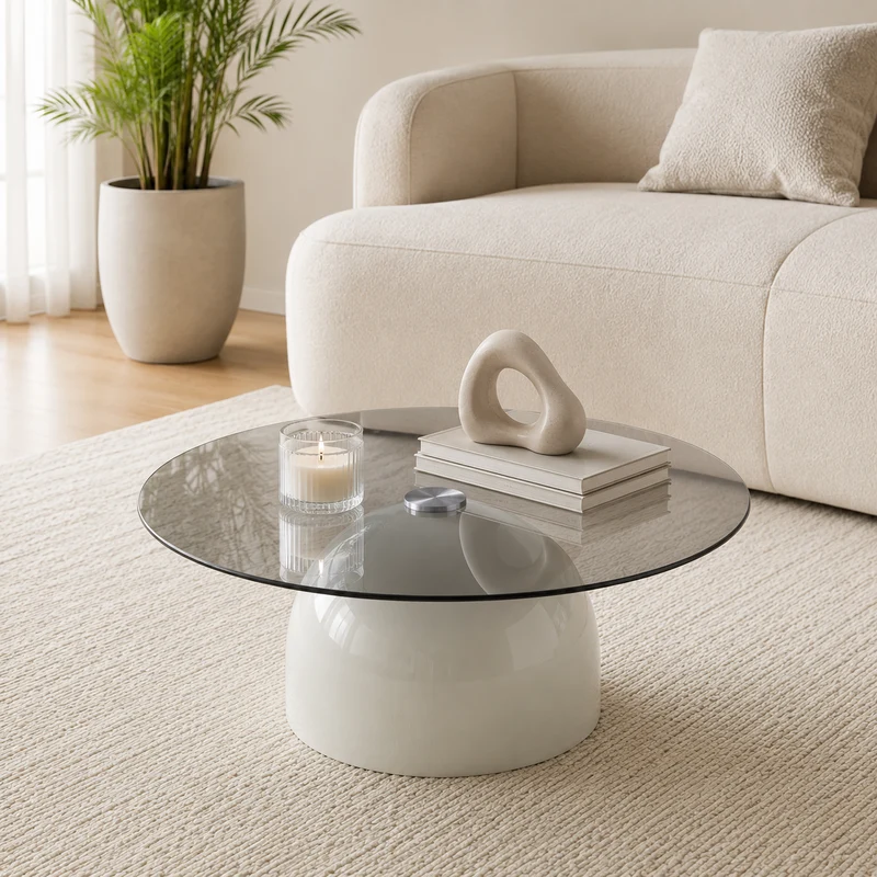 Table basse ronde en verre teinté et acier gris, design moderne Ø70cm SCANDINAVIANBENCH