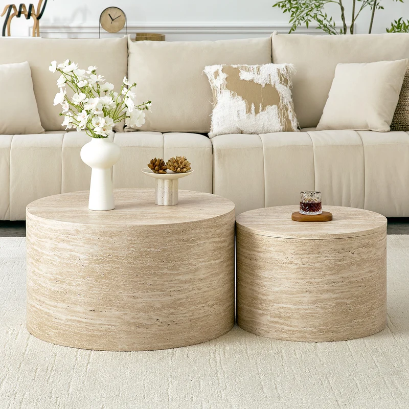 Lot de 2 tables basses gigognes rondes effet bois avec rangement, empilable RUSTICVANITYHOME