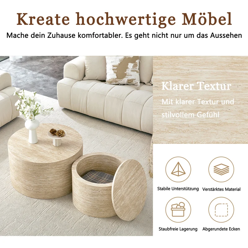 Lot de 2 tables basses gigognes rondes effet bois avec rangement, empilable RUSTICVANITYHOME
