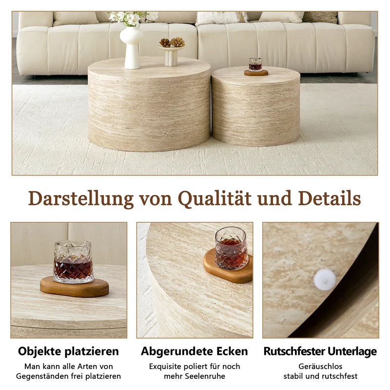 Lot de 2 tables basses gigognes rondes effet bois avec rangement, empilable RUSTICVANITYHOME