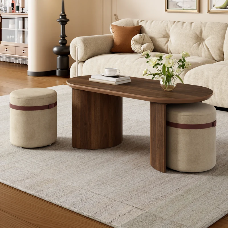 Ensemble de table basse ovale avec 2 poufs beige, effet noyer compact 108 cm RUSTICRUG