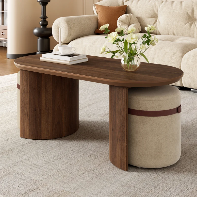 Ensemble de table basse ovale avec 2 poufs beige, effet noyer compact 108 cm RUSTICRUG