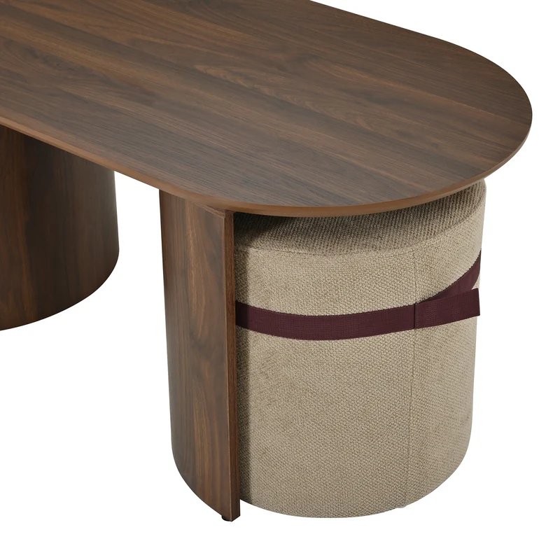 Ensemble de table basse ovale avec 2 poufs beige, effet noyer compact 108 cm RUSTICRUG