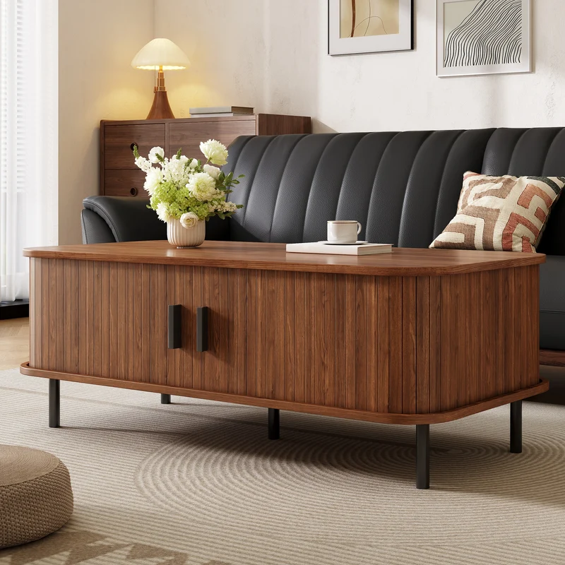 Table basse effet noyer avec portes coulissantes 120x55x45cm PILLOWPLUS