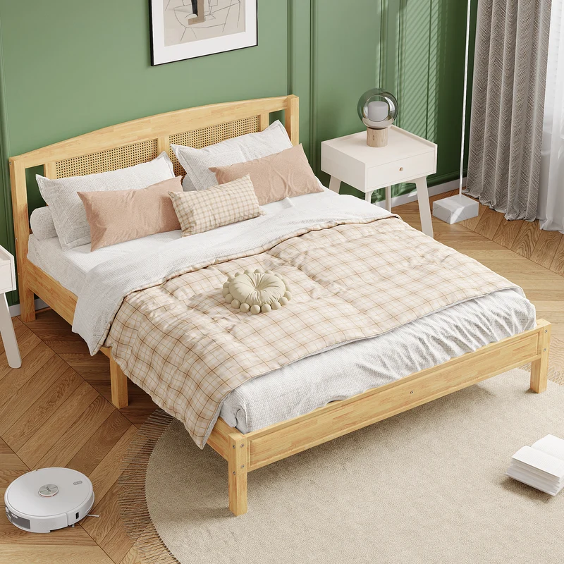 Lit double en rotin effet bois nature 165*205*94 THRUDS