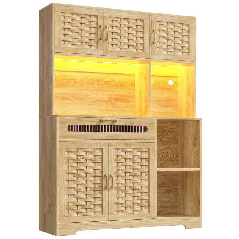Buffet haut vaisselier de cuisine effet bois avec rotin tressé, éclairage LED ALPENGLOW