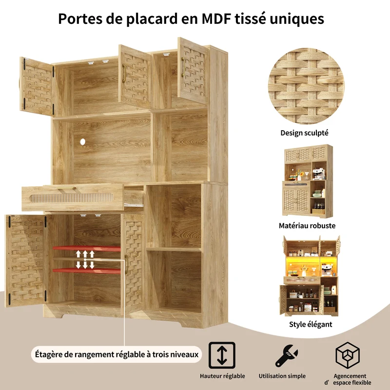 Buffet haut vaisselier de cuisine effet bois avec rotin tressé, éclairage LED ALPENGLOW