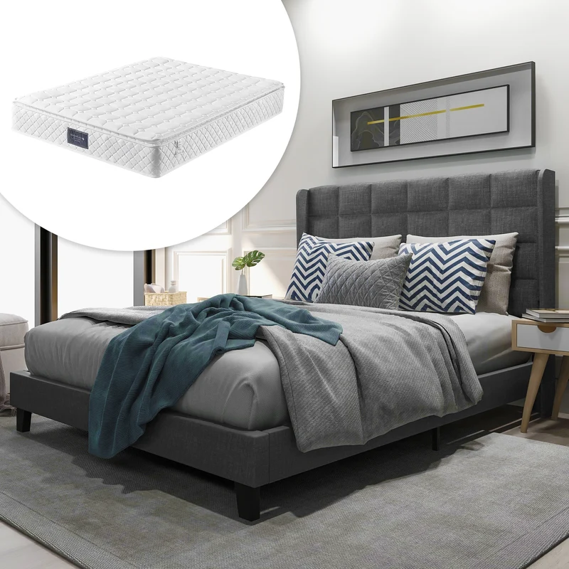 Ensemble lit double rembourré en lin gris 140x200 avec sommier à lattes et matelas à ressorts PERISTOM