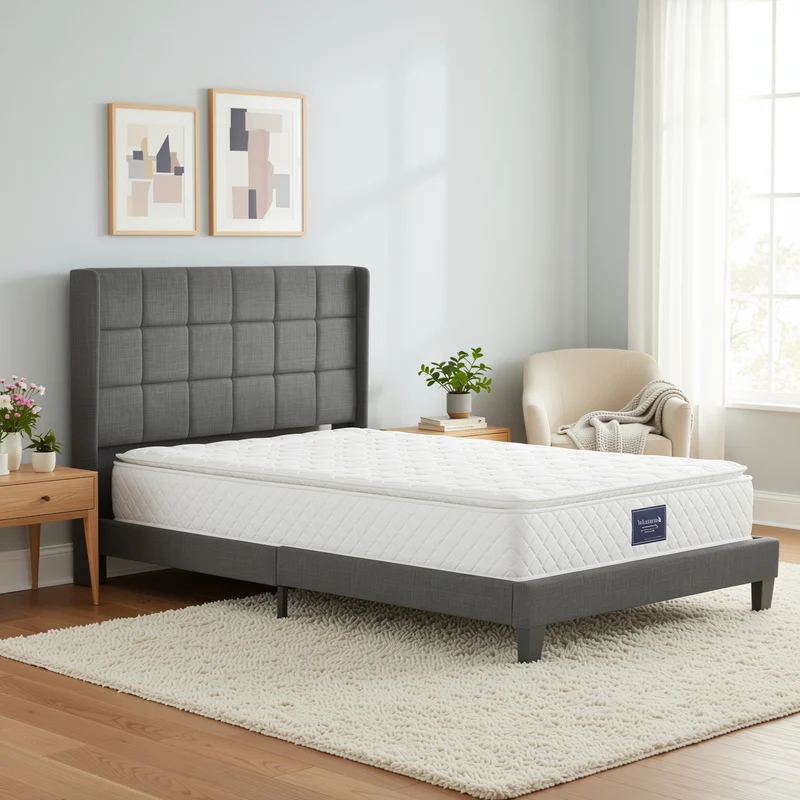 Ensemble lit double rembourré en lin gris 140x200 avec sommier à lattes et matelas à ressorts PERISTOM