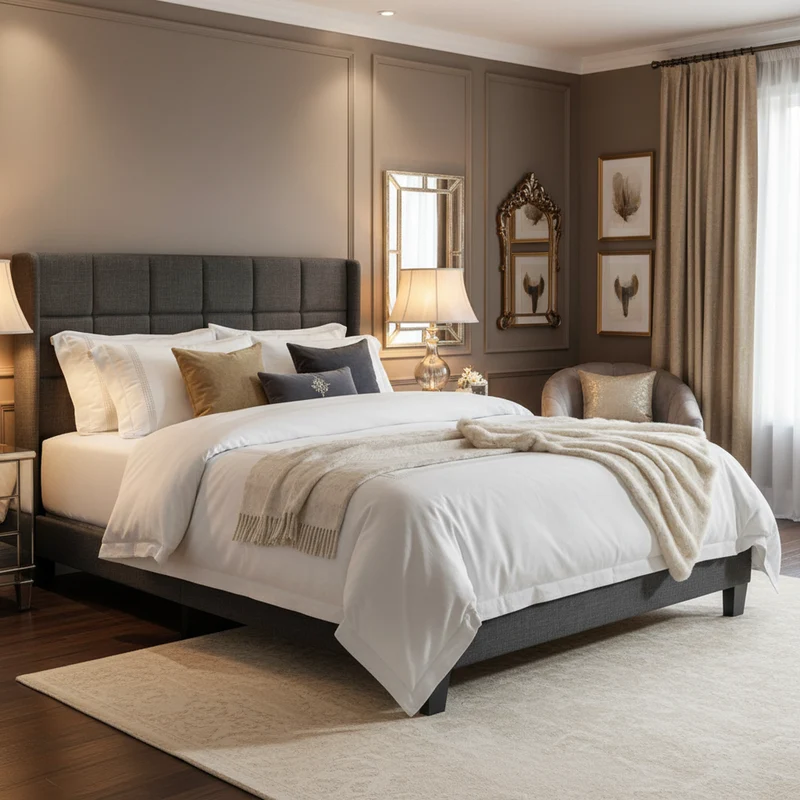 Ensemble lit double rembourré en lin gris 140x200 avec sommier à lattes et matelas à ressorts PERISTOM