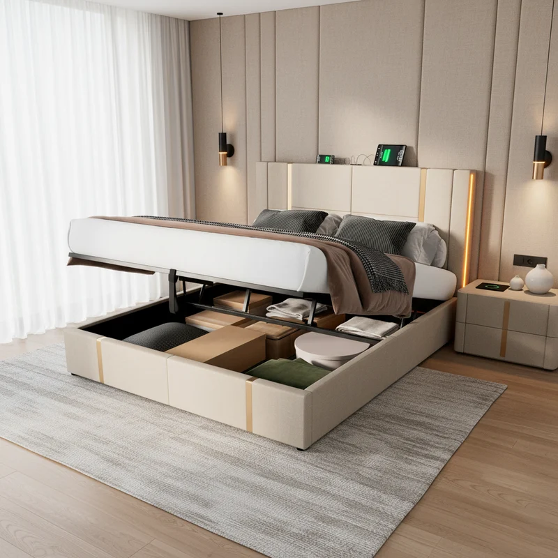 Lit coffre queen capitonné lin beige avec éclairage LED et ports usb/type-c (Matelas non inclus) STARPEAK