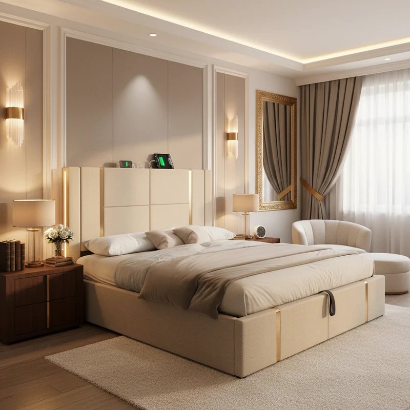 Lit coffre queen capitonné lin beige avec éclairage LED et ports usb/type-c (Matelas non inclus) STARPEAK