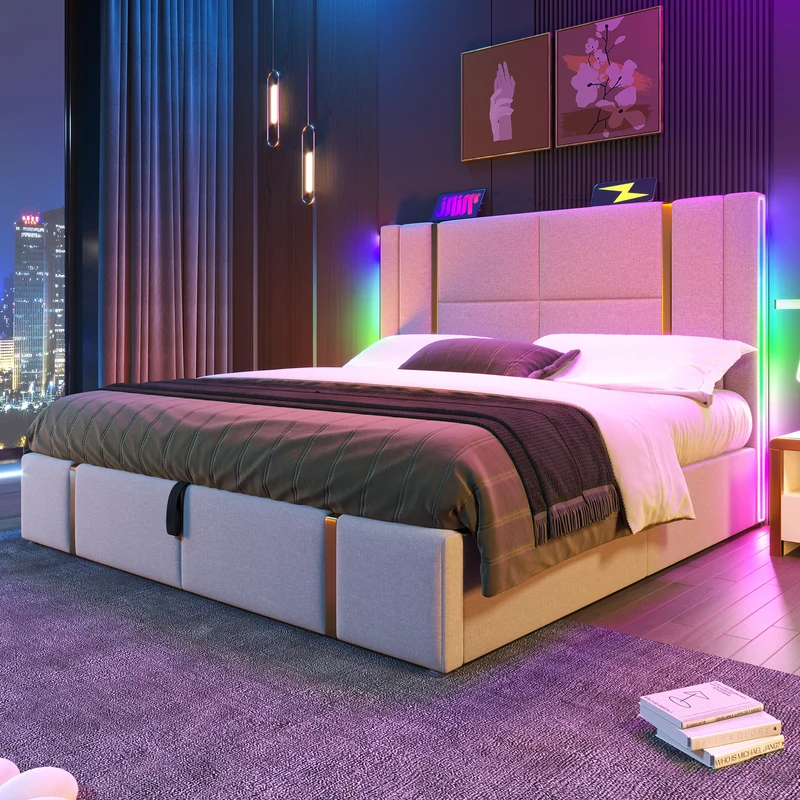 Lit coffre queen capitonné lin beige avec éclairage LED et ports usb/type-c (Matelas non inclus) STARPEAK