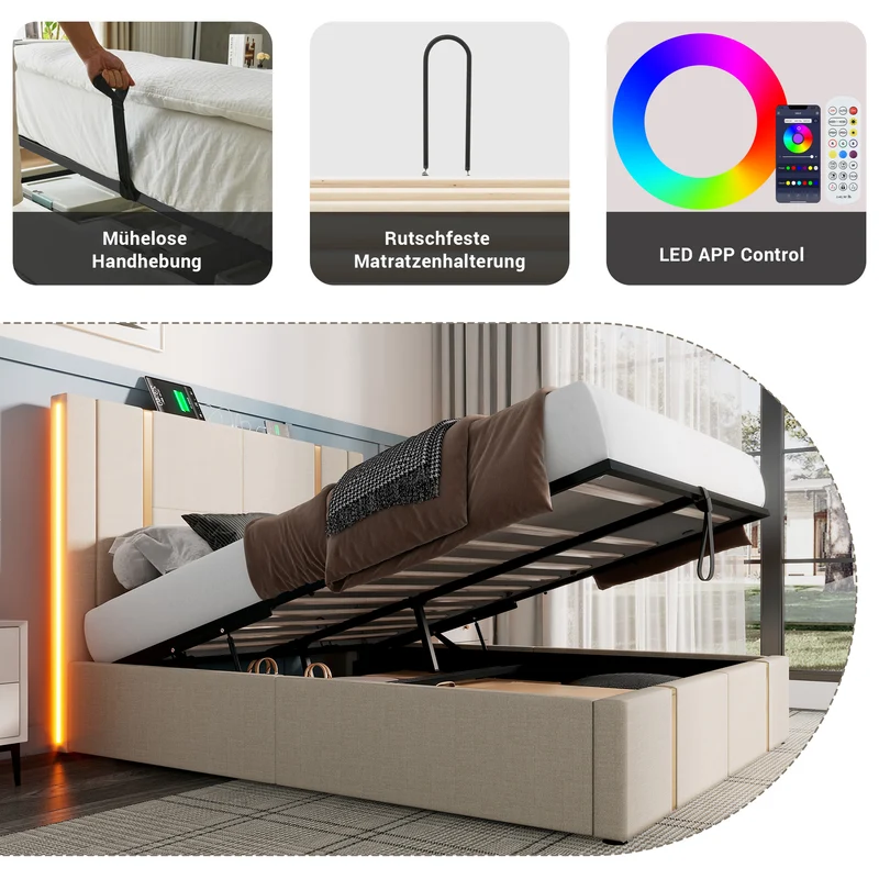 Lit coffre queen capitonné lin beige avec éclairage LED et ports usb/type-c (Matelas non inclus) STARPEAK