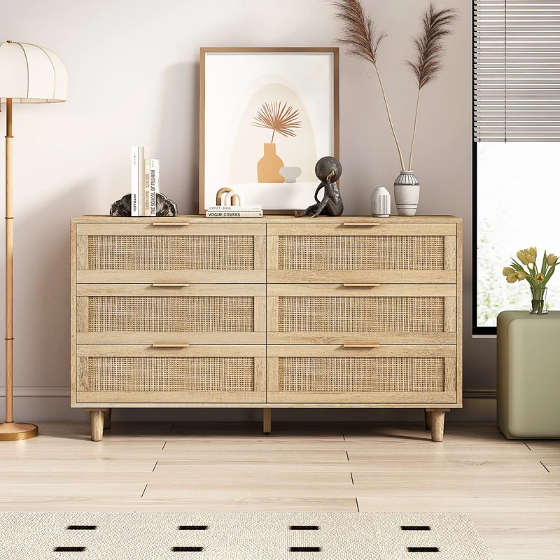 Buffet élégant effet bois 6 tiroirs avec rotin PHOTTU 130 WOOD