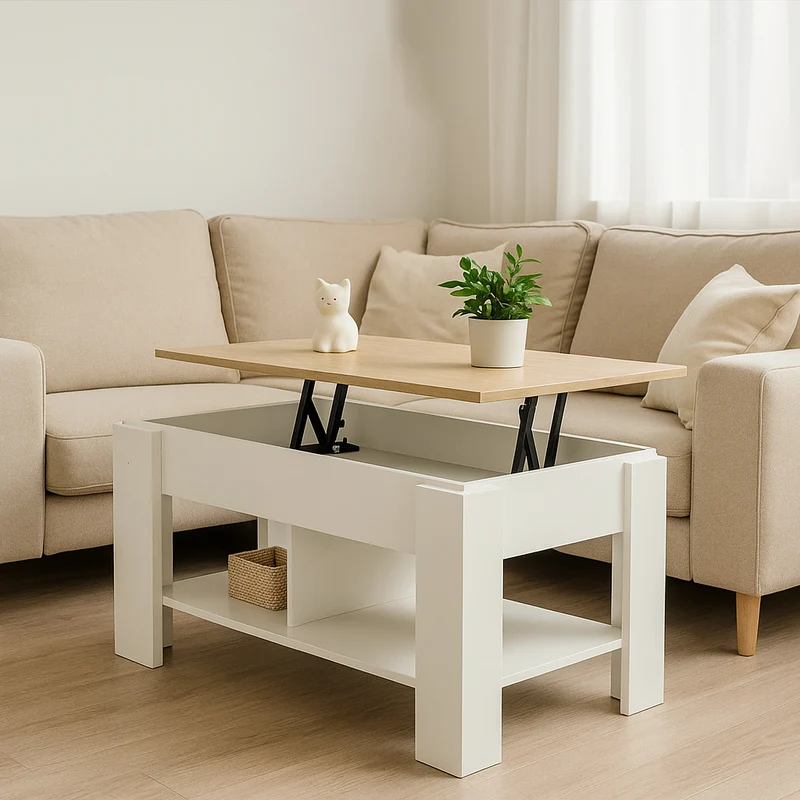 Table basse avec plateau relevable effet bois et blanc 96*50 ELOT WHITE OAK 96