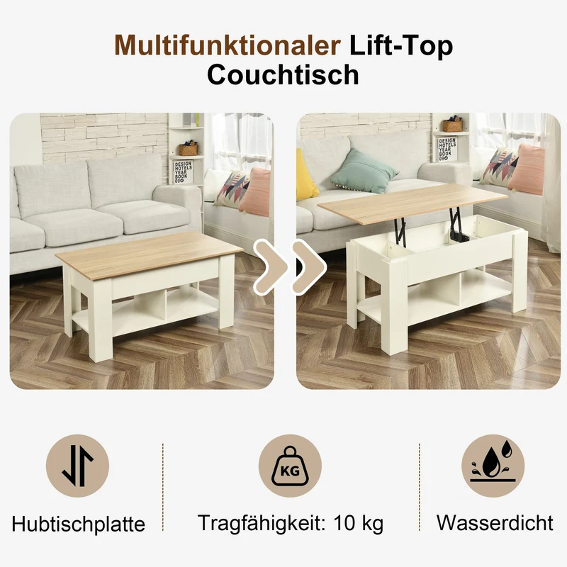Table basse avec plateau relevable effet bois et blanc 96*50 ELOT WHITE OAK 96